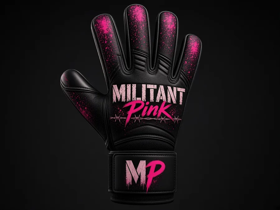 Black Militant Pink glove concept with pink splatter, the wordmark and the MP icon on the strap.